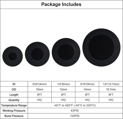 EVIL ENERGY 5/32 1/4 5/16 1/2 Silicone Vacuum Tubing Hose Line Kit 5FT 130PSI Max Pressure (4mm 6mm 8mm 12.7mm)