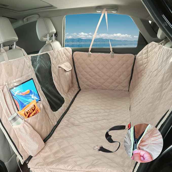 Dog Car Seat Cover for Back Seat, Dog Hammock for Car, Waterproof Backseat Cover for Dogs in Car SUV & Truck, with Mesh Window and Multiple Pockets