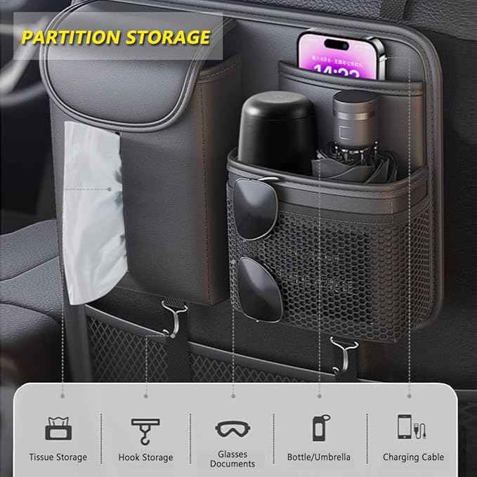 Tumecos Car Seat Back Storage Bag,Backseat Organizer with Tissue Box, Large Capacity Rear Seat Storage Pocket, Universal for Most Vehicles