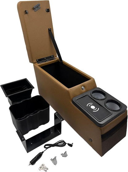 Truck Center Console Truck Seat/Bench Organizer with Wireless Charging and Holder Cups for Jeep CJ5 1976-1983,Jeep CJ7 1976-1986,Jeep Wrangler(YJ) 1987-1995 (Brown)