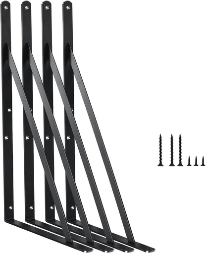 4 Pack L16 x H 10" Black Heavy Duty Shelf Brackets with Screws Metal Shelf Brackets Shelf Support Angle Brackets for Shelves L Brackets Heavy Duty Floating Shelf