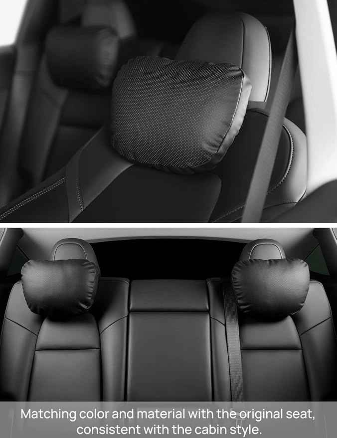 TPARTS Leather Headrest Neck Pillow for Tesla Model Y/X/3/S, Tesla Model 3 Accessories,Tesla Model Y Accessories, Car Neck Pillow for Traveling (Set of 2 Black)