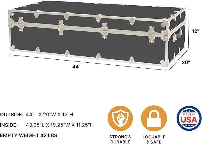 Rhino Trunk & Case Trundle Home Storage & College Trunk With Wheels - 44”x20”x12” - 1500+ lbs Capacity. USA Made Secure Under-Dorm Bed Footlocker for Clothes and Food, and Underbed Shoe Storage Box