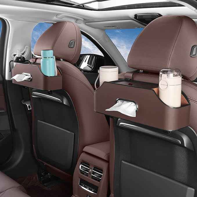 Car Seat Back Organizer - Stylish & Functional Storage for Family Adventures - Cup Holders, Tissue Box & Hooks - Perfect for Kids, Road Trips & Travel (Brown)