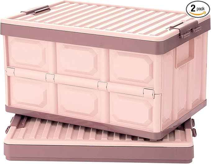 Pink Collapsible Storage Bins with Lids 2-Pack, Folding Plastic Stackable Utility Crates 30L, Durable Containers for Home & Garage Organization