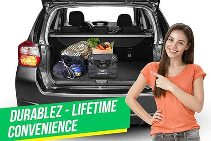 2-Section Trunk Organizer Foldable Car Storage Bin – Compact Dual-Compartment Auto Organizer with Cover Net, Non-Slip Pads, Heavy Duty Oxford 1680D – Black