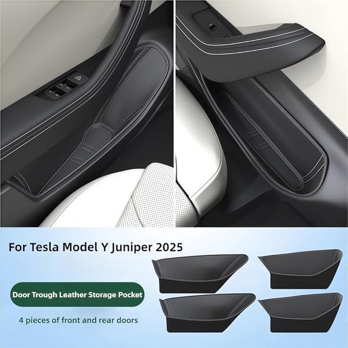 GGCLIMAX 4PCS Car Door Storage Pocket Leather Organizer Compatible with Tesla Model Y Juniper 2025/Model Y Launch 2025/Model 3 Highland 2024-2025 Road Trip Essentials(2024 New M3 Highland)