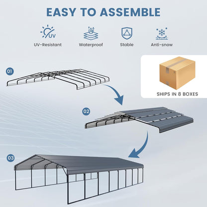 EROMMY 20x40 FT Metal Carport, Heavy Duty Carports with Galvanized Steel Roof and Frame, Sturdy Car-Shelter in All Weathers, Easy Assembly Car-Canopy for 2 Cars, SUV, Tractors and Boat, Gray