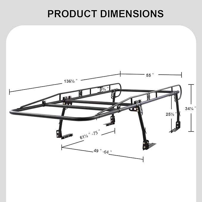 Rockland Universal Full-Size Steel Over-Cab Truck Rack, 800 LBS Capacity, 136.5" x 55" x 34.25", 49"-64" Adjustable Truck Bed Width, Extendable Truck Ladder Rack with None Drilling C-Clamps