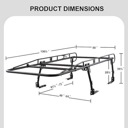 Rockland Universal Full-Size Steel Over-Cab Truck Rack, 800 LBS Capacity, 136.5" x 55" x 34.25", 49"-64" Adjustable Truck Bed Width, Extendable Truck Ladder Rack with None Drilling C-Clamps