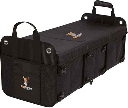 Tuff Viking Convertible Large 3 Compartment SUV Trunk Organizer | Truck Bed Organizer with Cover for Trucks, Cars, SUVs and Groceries. PATENTED (4-in-1 with Cover, Black)