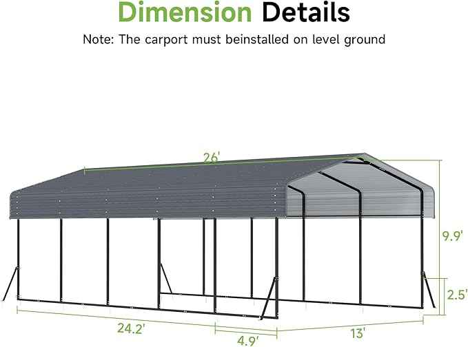 Heavy Duty Metal Carport, 13x26FT Carport Canopy with Galvanized Steel Roof and Reinforced Frame, 2 Support Rods, Outdoor Garage Car Shelter Shade for Cars, Boats and Truck, Party, Gray