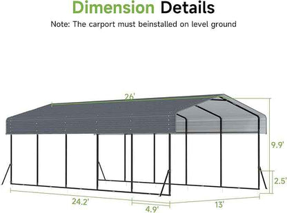 Heavy Duty Metal Carport, 13x26FT Carport Canopy with Galvanized Steel Roof and Reinforced Frame, 2 Support Rods, Outdoor Garage Car Shelter Shade for Cars, Boats and Truck, Party, Gray