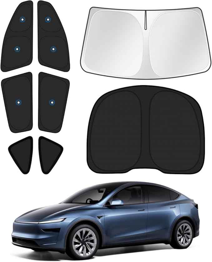 Upgraded Window Shades for Tesla Model Y Juniper 2025 2026 Accessories with Suction Cups Windshield Sun Shade Side Rear Window Covers Sunshade Sun Shield Privacy Protection Camping Black 8PCS