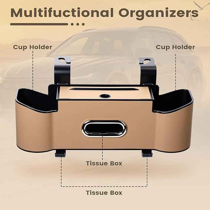 LemonRoad 2 Pack Multifunctional Car Seat Back Storage Box Car Seat Back Organizer with Tissue Box, 2 Cup Holders and Hooks for Hold Phone, Drinks, Handbag, Fits for Most Vehicles (Beige)