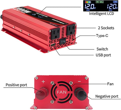 1000W Car Power Inverter DC 12V to 110V/120V AC Converter with LCD Display 2 AC Outlets 3.0A USB and Type-C Car Charger Adapter for Car Home Laptop Truck