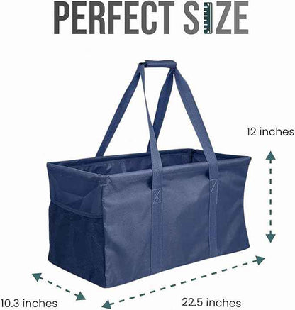 Extra Large Utility Tote Bag - Oversized Collapsible Reusable Wire Frame Rectangular Canvas Basket With Two Exterior Pockets For Beach, Pool, Laundry, Car Trunk, Storage - Navy Blue