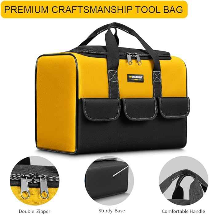 Large Tool Bag, 17 inch Wide Mouth Tool Organizer Bag for Home Repairs,Garage StorageDouble Zipper, Yellow and Black, 16.9 x 11.8 x 9.8 inch