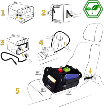 2-Section Trunk Organizer Foldable Car Storage Bin – Compact Dual-Compartment Auto Organizer with Cover Net, Non-Slip Pads, Heavy Duty Oxford 1680D – Black