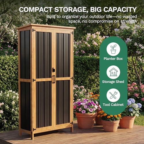 Metal & Wood Weatherproof Garden Storage Tall Shed with 3 Adjustable Shelves