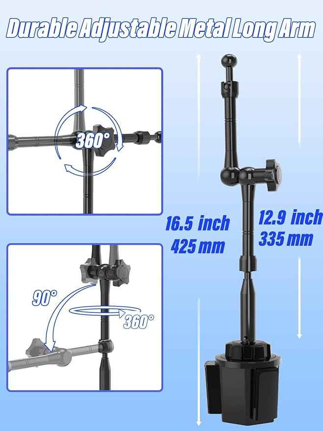 Car Cup Holder Tablet Mount for 4.7-13" iPad & Phone, Extra-Length Metal Arm（12.9"） Truck Cup Tablet Holder with 360° Adjustable Arm, Cupholder for iPad Pro, Air, Mini, Galaxy Tab, Fire HD