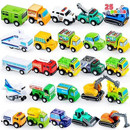 25 Pieces Pull Back Cars and Trucks Toy Vehicles Set for Kids