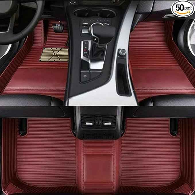Custom Car Floor Mats for 99.99% Sedan SUV Sports Car Men Women Protection Full Coverage Pads Anti-Slip Leather Floor Lining All Weather Car Floor Mats (Burgundy Stripe)