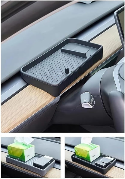 GGCLIMAX Car Organizer Compatible with Tesla Model 3 Y Behind Screen Storage Box Dashboard Organizer Hidden Tissue Holder Anti-Slip Mat Phone Bracket Accessories(Black)