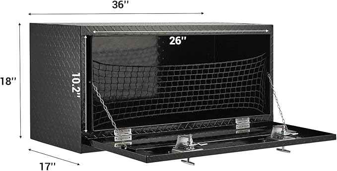 Underbody Truck Box,36 Inch Pickup Storage Box, Aluminum Diamond Plate Tool Boxes with Handle and Keys, Heavy Duty Waterproof Trailer Storage Box with T-Handle Latch for Truck, Van, Trailer, Black