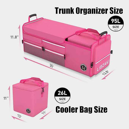 LIBZAKI Oversize 4 in 1 Car Trunk Storage Organizer, Multi Compartment Collapsible Trunk Storage Box with Cooler Bag for Car Truck SUV-Rose red
