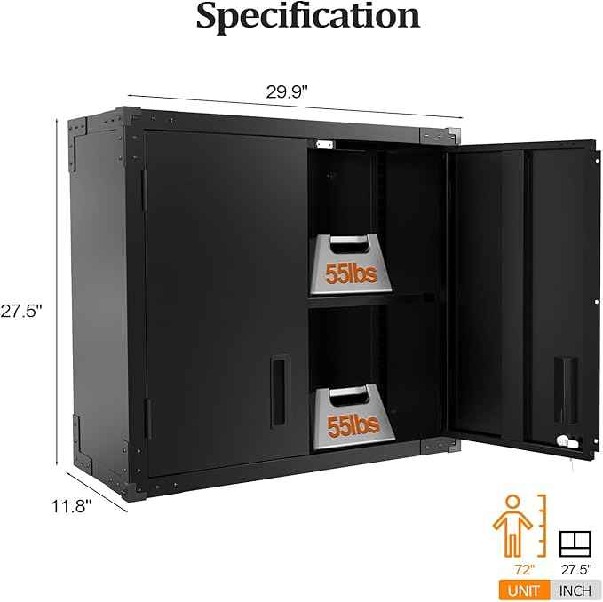 VINGLI Garage Wall Cabinet with Locking Doors and Adjustable Shelf, Metal Wall Cabinet, Floating Upper Storage Cabinet (Black, 30''W x 12''D x 28''H)