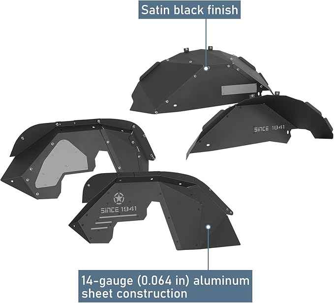 Hooke Road Wrangler JK Aluminum Inner Fender Liners for 2007-2018 Jeep Wrangler JK 2/4 Doors, Offroad Wheel Well Liner Cover - 4PCS Front & Rear Fender Liner Set