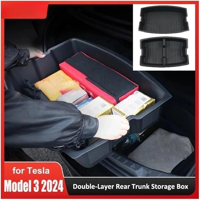 Double-Layer Rear Front Trunk Storage Box Frunk Organizer Tray with Compartments Car Accessories Compatible for Tesla Model 3 Highland 2024 Car Organizer(Rear Double Layer)