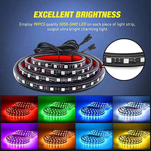 TL 31 2PCS 60Inch RGB Truck Bed Light Strip Kit 180 LED RF Remote Control with On Off Switch Blade Fuse 2Way Splitter Extension Cable for Cargo Pickup Truck SUV RV Boat