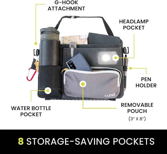 Luno Backseat Car Organizers - Travel Organizer for Road Trip Essentials w/iPad Holder, Snap-On Pouch, Bottle Slot & G-Hooks for Road Trip & Camping - Seat Protector & Organizer Fits All SUVs & Cars