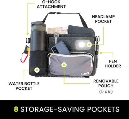 Luno Backseat Car Organizers - Travel Organizer for Road Trip Essentials w/iPad Holder, Snap-On Pouch, Bottle Slot & G-Hooks for Road Trip & Camping - Seat Protector & Organizer Fits All SUVs & Cars