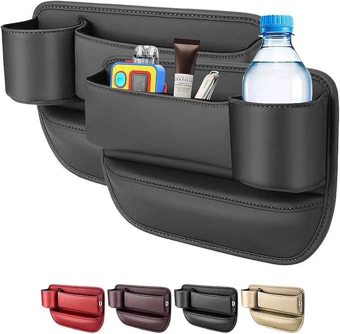 2 Pack Car Seat Gap Filler Organizer for Tesla Model Y 2020-2025, Leather Storage Box for Front Seat with Cup Holder Phone, Keys, Sunglasses, Cards Car Accessories,Black