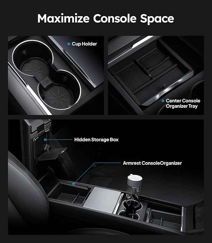 Wigoo Center Console Organizer for Tesla Model Y Juniper (Only Premium & Performance 2025 2026) and All Model 3 Highland Accessories [Double-Layer Storage, Smooth Sliding] 4PCS Black