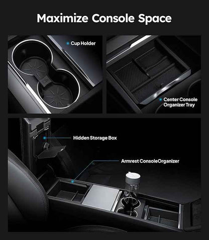 Wigoo Center Console Organizer for Tesla Model Y Juniper (Only Premium & Performance 2025 2026) and All Model 3 Highland Accessories [Double-Layer Storage, Smooth Sliding] 4PCS Black