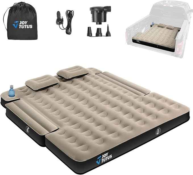 JOYTUTUS Truck Bed Air Mattress for 6.0-6.3Ft, Compact Regular Truck Beds,Anti-Leakage, with Air Pump&2 Pillows, Inflatable Pickup Mattress,Compatible with Tacoma&Ranger&Frontier,Camel&Black