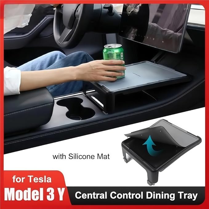 GGCLIMAX Dining Tray Compatible with Tesla Model 3/Y 2021-2023 Center Console Food Drink Table With Anti Slip Silicone Mat Foldable ABS Storage Organizer Car Essentials(Upgrade)