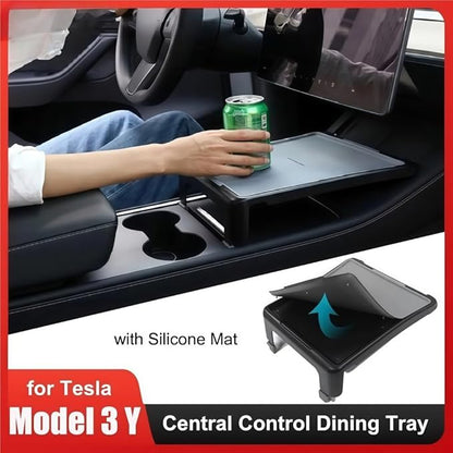 GGCLIMAX Dining Tray Compatible with Tesla Model 3/Y 2021-2023 Center Console Food Drink Table With Anti Slip Silicone Mat Foldable ABS Storage Organizer Car Essentials(Upgrade)