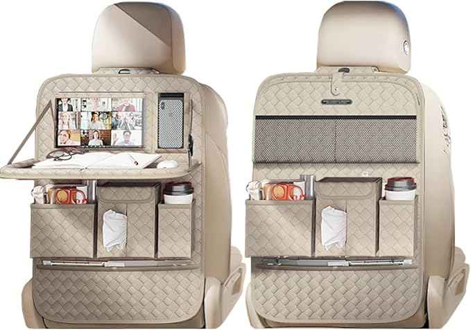 Car Seat Organizers,Multi-functional Back Seat Protectors, Storage Pouches, and Tray Holders (for Cars, Kids, Seat Back and Rear Seats) (Woven Beige, 2 Pcs)