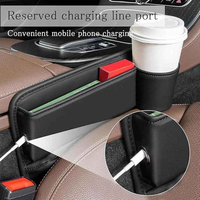 2 Pcs Car Seat Gap Filler Organizer for Tesla Model 3 Model X Model Y Model S, PU Leather Front Seat Storage Box Console Side Pockets with Cup Holder Charging Cable Hole,B/Beige
