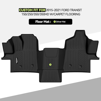 Tongama-Floor Mats for 2015-2021 Ford Transit 150/250/350/350HD w/Carpet Flooring, All Weather TPE Floor Liners for Ford Transit Waterproof Accessories