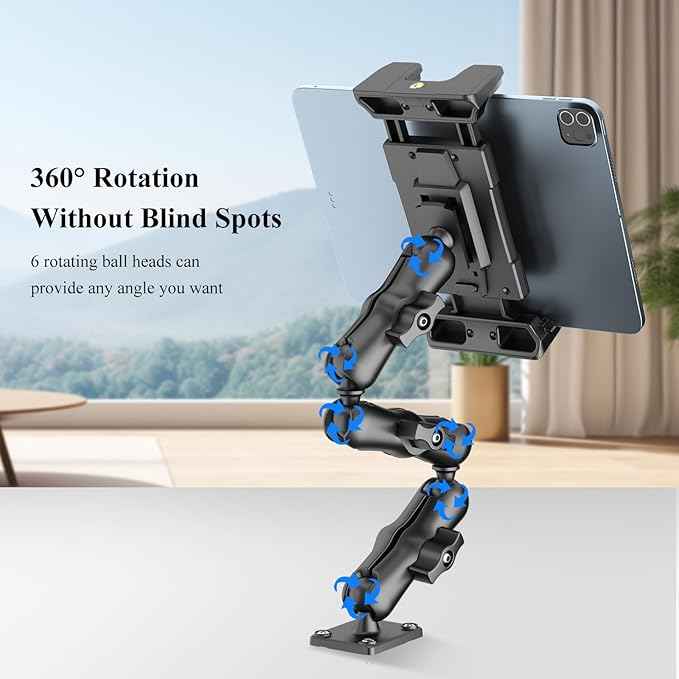 OHLPRO Heavy Duty Drill Base Tablet Mount Holder, 360° Adjustable iPad Mount Truck Dashboard, 3-Stage Stand for 5-13" iPad Pro Air Mini Galaxy Tab Switch, Tablet Vehicle for Car Wall Desk