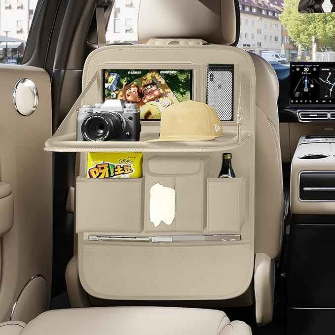 GMQ Back Seat Car Organizer 1 Pack,Backseat Organizer with Tray,Multifunctional Car Seat Back Storage Box with Foldable Tablet Holder (Beige, Plain weave)