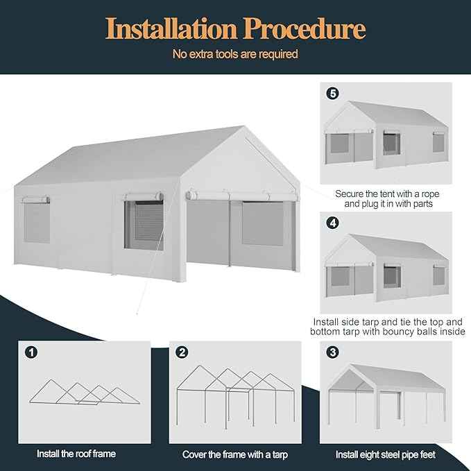Shintenchi Portable Garage Canopy,10x20 FT Heavy-Duty Design Carport,Carport Canopy with Side-Opening Removable Door & Roll-Up Window,Portable Car Port for Car, Truck, Boat,White