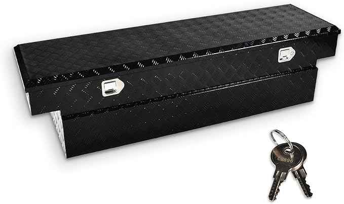 69 Inch Black Heavy Duty Aluminum Tool Box Wide Utility Trailer Stripes Plated 5 Bar Tread for Pick Up Truck Bed RV ATV Organizer Trailer Storage ToolBox w/Lock and Keys (69"X20"X17.5")