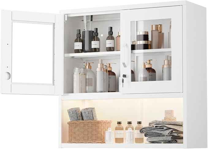 VINGLI Metal Wall Cabinet with Locking Glass Doors & Magnetic LED Sensor Light, Adjustable Shelf, Wall Mounted Storage Display Cabinets for Garage, Kitchen, Home Office, Warehouse, Living Room, White
